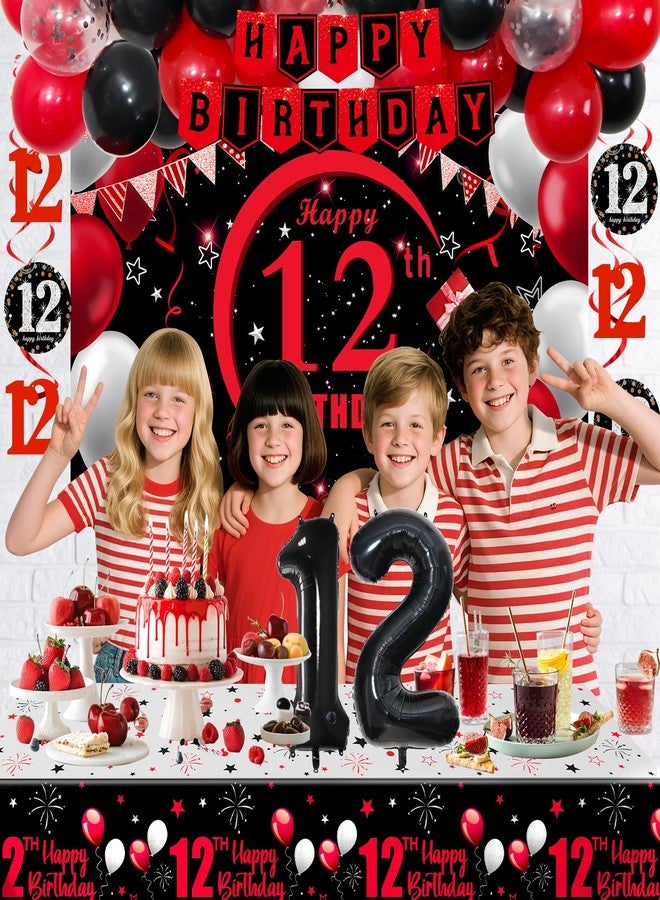 Coosilion 12th Birthday Decorations for Girls Boys Red Black, 12 Year Old Boy Girl Birthday Decorations with Happy Birthday Banner Backdrop 12 Balloon Number Honeycomb Centerpieces Tablecloth Party Supplies - Image 5